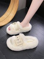 ◑ Internet celebrity white fur slippers womens outerwear autumn and winter 2023 new fashion thick bottom belt buckle cotton slippers ins tide