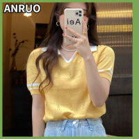 ANRUO พอดีเพรียวคอปกโปโลสีตัดกันเวอร์ชันเกาหลีฤดูร้อนใหม่,เสื้อกันหนาวเข้ากับทุกชุดลำลองเทรนด์นักเรียนผู้หญิง