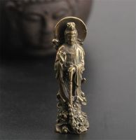 YM Copper Statue Small Curio Chinese Bronze Buddhism Kwan-yin Guan Yin Lotus Flower Pendant