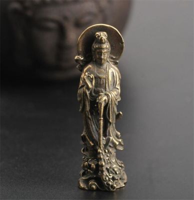 YM Copper Statue Small Curio Chinese Bronze Buddhism Kwan-yin Guan Yin Lotus Flower Pendant