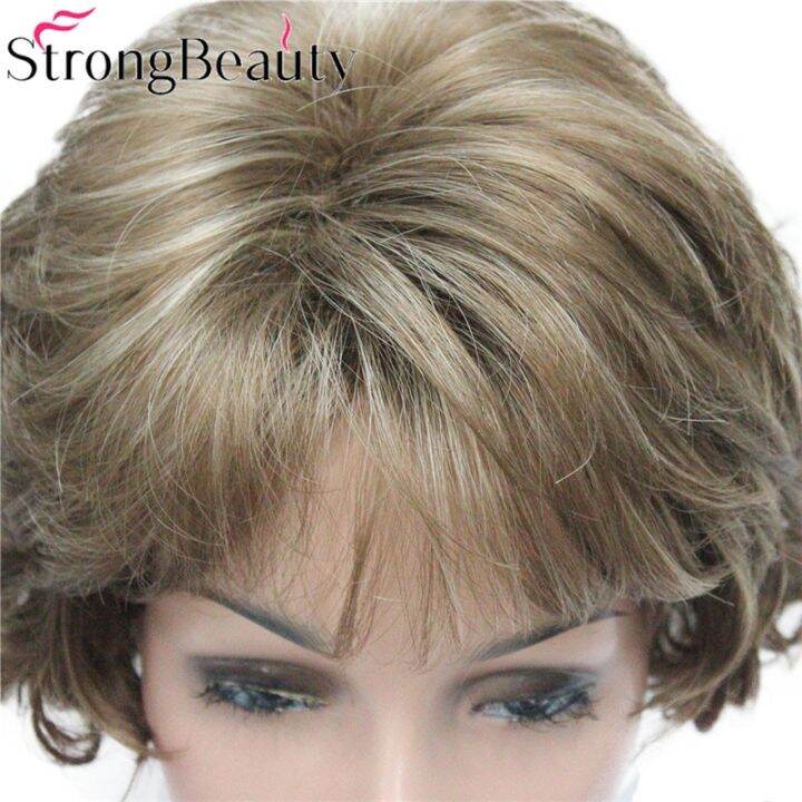 strongbeauty-วิกผมสตรีขนสั้นวิกผมทนความร้อนใยสังเคราะห์หยิกไม่มีหมวก