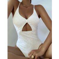 Womens Solid Color One-Piece Hollow Mesh Embroidery Bikini European and American Sexy Swimwear White