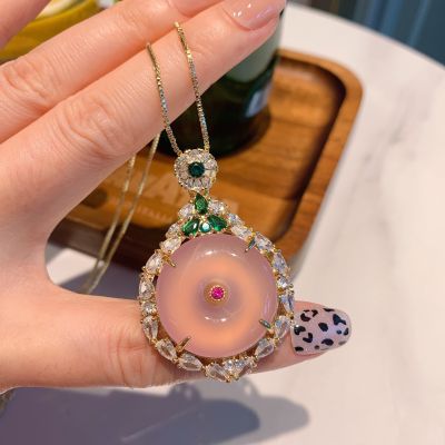 ┅✲♧ Charms 925 Sterling Silver Jade Crystal Pendant Necklace For Women Round Birthstone Fine High Quality Pink Jewelry Mother Gift