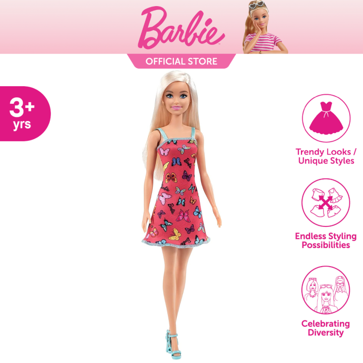 Barbie Fab Basic Doll My First Barbie Pink Dress Butterfly Design - Blonde Hair Pink Dress