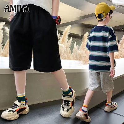 AMILA กางเกงขาสั้นเด็กผู้ชายใหม่คร็อปแพนท์แข็งแน่นสไตล์เกาหลีกางเกงลำลองสี