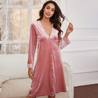 JULYS SONG Velvet Nightgown Female Nightdress Casual Sleepwear Robe Solid Color Pink Lace Sexy Bathrobe Morning Gown Women Robe