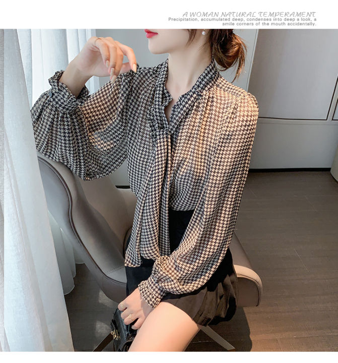 เสื้อชีฟองแขนยาวผูกโบว์-เสื้อผู้หญิงทรงหลวมพอดีตัวเสื้อสไตล์เกาหลีใหม่