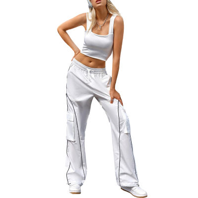 Soul Dancing-คาร์โก้แพนท์สตรีเชือกผูกเอวยางยืดไลน์กางเกงขายาวทรงหลวมสตรีทแวร์พร้อมกระเป๋า