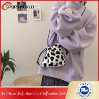 [มาถึงภายใน 3 วัน] Women Plush Crossbody Bag Cow Milk Print Shoulder Drawstring Mini Handbags