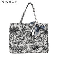Fashion Handbag Female Woven Canvas Embroidery Large Capacity Tote Bag Portable Shopping Bag Landscape Shape Shoulder Bag