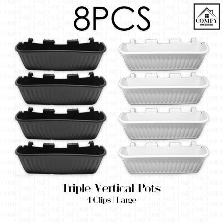 (8PCS/SET) 4 Clips Large Triple Hanging Vertical Pots Wall Flower