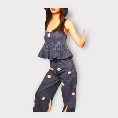 P010-269 PIMNADACLOSET -  Sleeveless Ruffle Hem Denim Crop Top And High Waist Long Wide Leg Decorate Knit Flower Pant Set