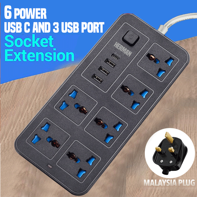 USB C + 3 USB Port 6 Universal Power Strip Extension Plug Power Socket