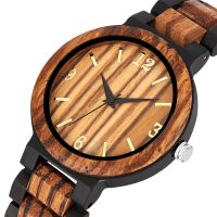 ZZOOI Full Wooden Men Quartz Wristwatch 3 Beaded Wood Wristband Black/Gold Arabic Numerals Display Dial Stylish Casual Male Watch