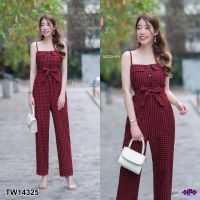 B14325 จั๊มสูทยาวสายเดี่ยวลายสก็อต Plaid one-shoulder long jumpsuit