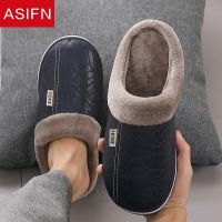 ASIFN Big Size for Mens PU Leather Slippers Indoor Waterproof Home Fur Male Couple Flat Women Men Winter Slipper Cotton Shoes