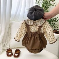 Toddler Baby Girl Autumn R Set Fashion Floral er Pan Collar Bottoming Shirt And Sling Overalls Solid Cotton Bodysuit Suit