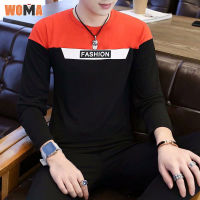 WOMA เสื้อแขนยาวผู้ชาย คอกลม ธุรกิจลำลอง ทรงเข้ารูป สีตัดกัน พิมพ์ลาย เสื ้อเเขนยาวผช