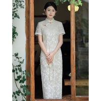 ผู้หญิง Beige Vintage Cheongsam ชุดหญิงแบบดั้งเดิมแขนสั้น Slim Elegant ยาว Qipao S To XXL S2277