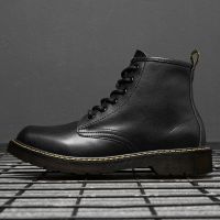 Mens Martin boots Men Shoes mid-cut tooling British style high-top leather shoes Korean winter all-match trendy black
