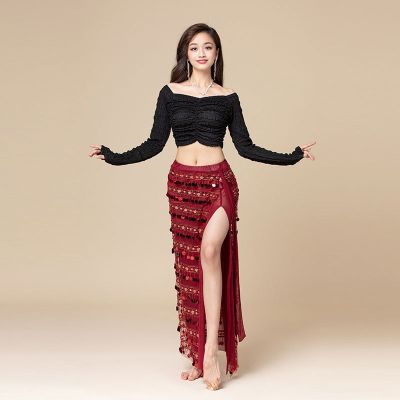 ❉❍ Belly Dance Performance Clothes Oriental Dance Net Gauze Practice Clothes Sequins Belly Dance Stage Performance Clothes Practice Clothes Suit