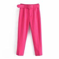 WESAY JESI Womens Pants  Fashion Belt High Waist Pant Ladies Solid Straight Ankle-Length Trousers Streetwear Female Chic