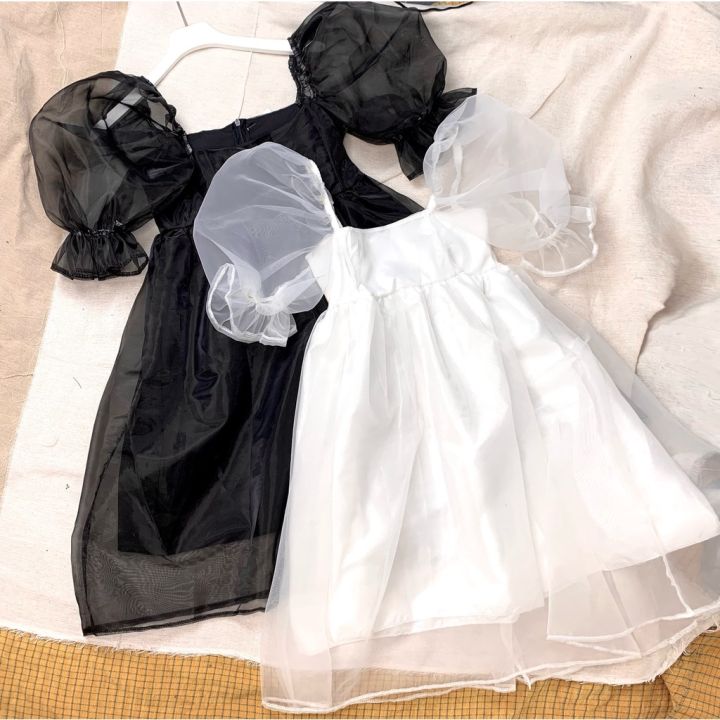 V037 Váy Babydoll tiểu thư xòe Voan trong 2 màu đen trắng 2 lớp ...