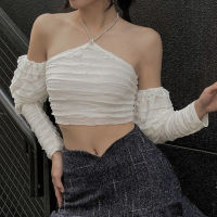 Women White Halter Vest Camisole with ruffles sleeve sets Lolita Style Pearl Backless Hollow out Lace up cropped top Y2K Sweet