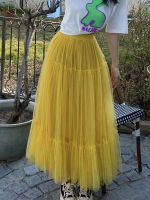 TIGENA Tutu Tulle Pleated Long Skirt for Women 2023 Spring Summer Korean Elegant Mesh A Line High Waist Maxi Skirt Female Yellow