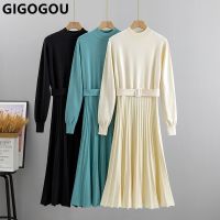 GIGOGOU หรูหรายาวถักผู้หญิงสายเสื้อกันหนาวชุดคอเต่าเสื้อสวมหัว Maxi เดรสเก๋จีบ Midi ชุดงานปาร์ตี้คริสต์มาส