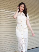 SP318C : Cream Floral Guipure Dress เดรสลูกไม้แขนสั้น คอปก