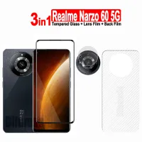 3in1ฟิล์มกระจกเทมเปอร์ Realme Narzo 60 5G และ Realme Narzo 60 50 Pro 5G/ Narzo 50A 50i Prime/ Realme Narzo N53ปกป้องหน้าจอ N55 + ฟิล์มเลนส์กล้อง + ฟิล์มด้านหลังคาร์บอนไฟเบอร์