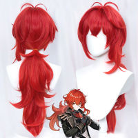 Diluc Wig Genshin Impact Cosplay Red Hair Long Curly Styled Heat Resistant for Men Women Halloween Role Play + Wig Cap