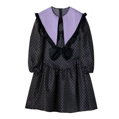 Autumn Vintage Hepburn Style Black Mini Dress Women Big Lapel Bow Long Sleeve French Elegant Jacquard Dresses Lady 2021 New