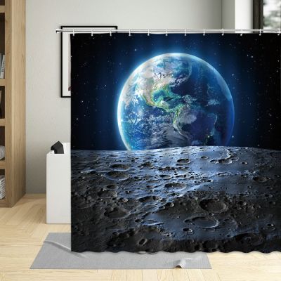 Galaxy Shower Curtain Moon Graphic Image Trippy Rock Detailed Surface Planet Astronomy Outer Space Print Cloth Fabric Bathroom