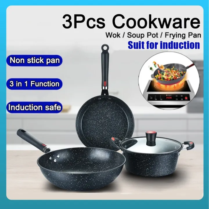 【On Hand】3Pcs Kitchenware Cookware Set /Soup Pot/Fry Pan Induction Safe ...