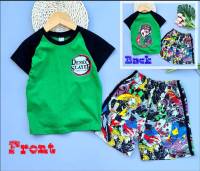 [2IKids] เสื้อผ้าเด็ก ชุดเด็ก เสื้อยืดแขนสั้น สกรีนลายหน้า-หลัง + กางเกงขาสั้น ผ้าคอตตอนพิมพ์ลาย ชุดดาบพิฆาตอสูร ทันจิโร่ ติดแถบเท่ห์ๆ