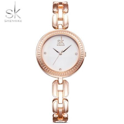 SHENGKE นาฬิกาผู้หญิงกำไลพลอยเทียมสแตนเลสทองหรูดูควอร์ทซ์แฟชั่นลำลองนาฬิกาข้อมือสำหรับสุภาพสตรี