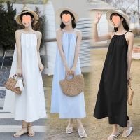 Han edition pure color spot summer new niche hanging neck strap goddess long holiday dress