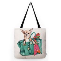 Adorable Lovely Chihuahua Dog Puppy in Luxury Handbag Water Resistant Linen Large Shopper Canvas Shoulder Bag Cute Pet Tote Bag