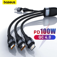 Baseus สาย USB 3 In 2สำหรับ IP 14 13 12 Pro 11 XR สายชาร์จแบตเตอรี่100W ไมโคร USB ชนิด C สายเคเบิลสำหรับ Macbook Pro Samsung Xiaomi