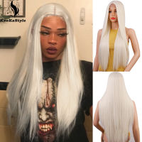 KooKaStyle Synthetic Long Straight Lace Wigs for Women Blonde White Cosplay Wig for Women Heat Resistant Natural Hairline Wigss