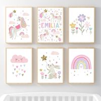 ✔ Pink Unicorn Kelinci Pelangi Awan Bunga Pembibitan Seni Dinding Kanvas Lukisan โปสเตอร์และ Cetakan Gambar Dinding Dekorasi Kamar Bayi Anak-anak