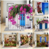 Town Street Flowers Shower Curtain Blue Wooden Door Spring Italian European Landscape Modern Nordic Home Decor Bathroom Curtains