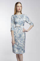 ESPADA เดรสผ้าซาตินพิมพ์ลายใบไม้ ผู้หญิง | Three Quarter Sleeve Sheath Dress | 4638