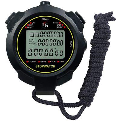 Digital Sports Stopwatch, 10Lap /Split Memory Stopwatch Count Down Timer, Large Display Waterproof 12/24 Hour Clock