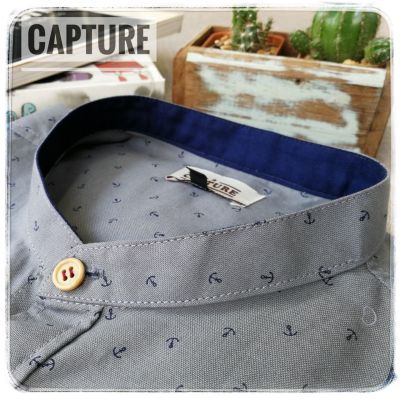 Capture Shirt เสื้อเชิ้ตผู้ชาย แขนยาว คอจีน ลายสมอ สีเทาดิน มีถึงอก 48 นิ้ว