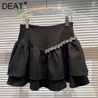 DEAT Women Black Rhinestone Beaded Ruffle Skirt New High Waist Fashion Spring Summer Temperament Lady Clothes  11D9188