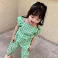 LOK02727 Kids Girls Clothes Set Korean Plaid Floral Suit Childrens U-neck Top And Trousers Two-piece Fashion 1-7 Years