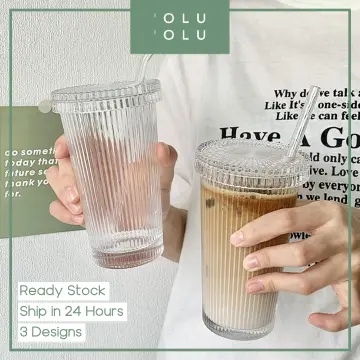 Vertical Stripes Glass Cup, Glass Water Cup, Iced Coffee Cups